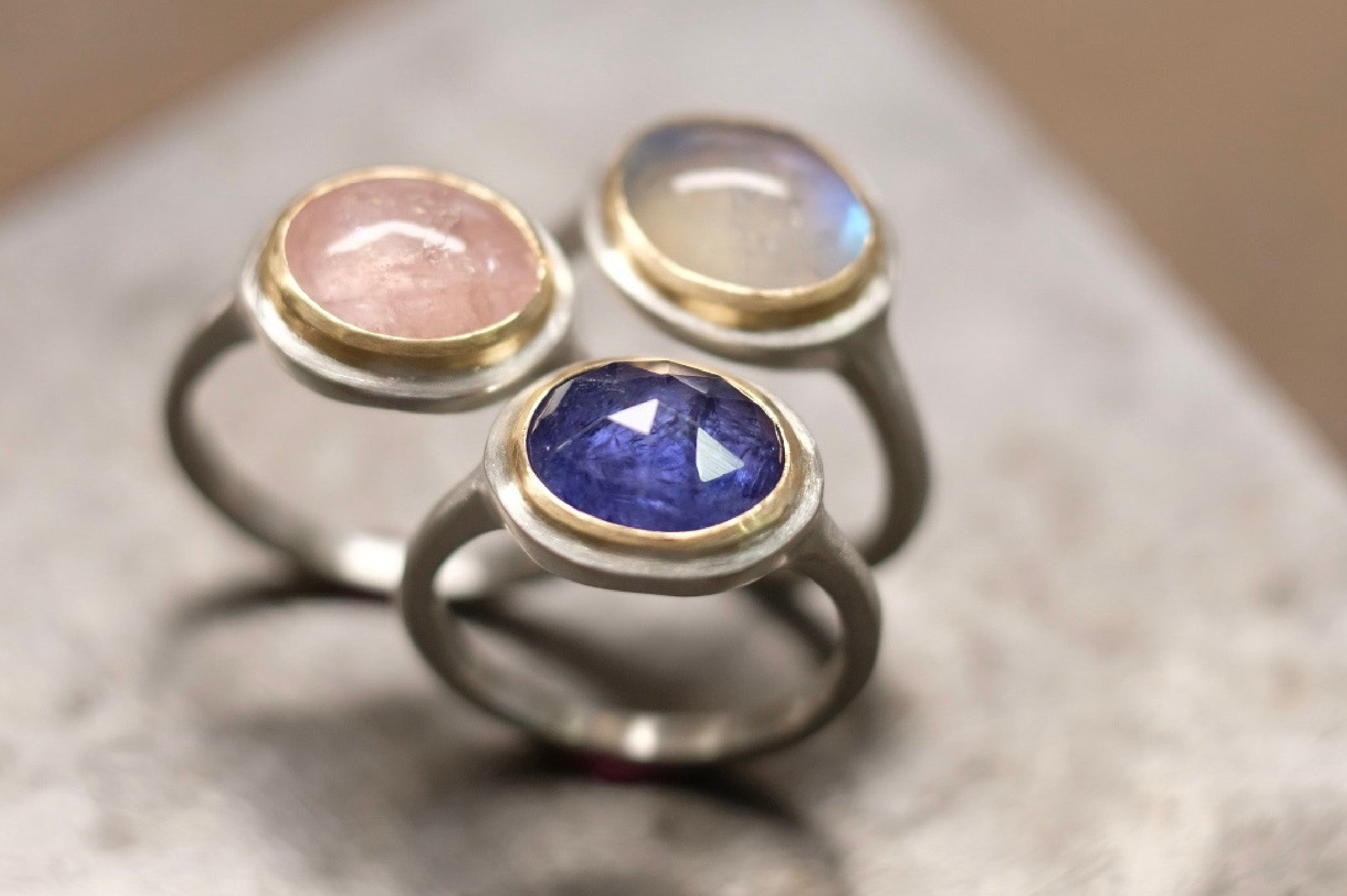 Ringe 925/-Silber. 750/-Gold Mondstein Rosenquarz Tansanit